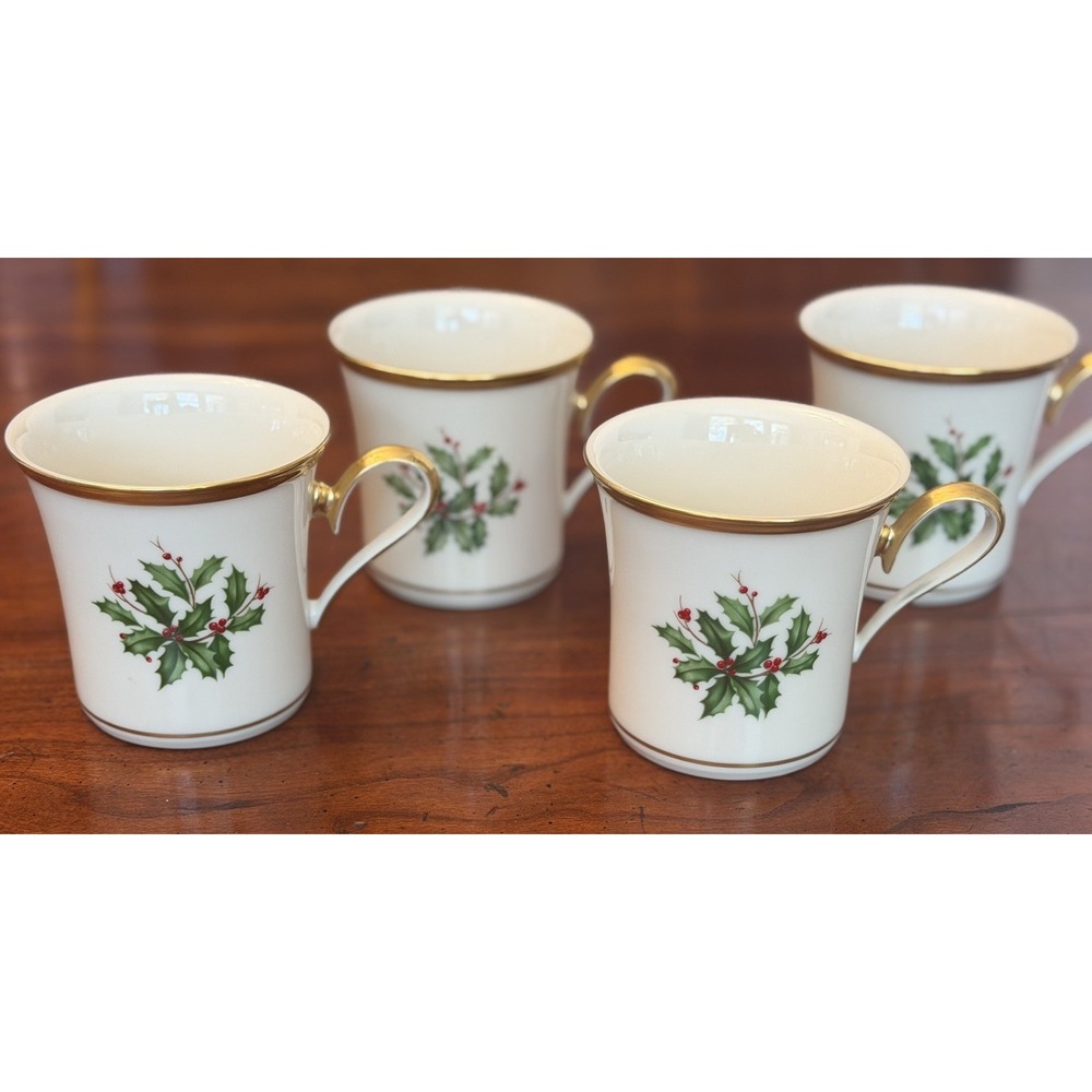 Set of 4 Lenox Holiday Mugs 3 7/8" Coffee Cocoa Cup Ivory Gold Trim USA Sticker